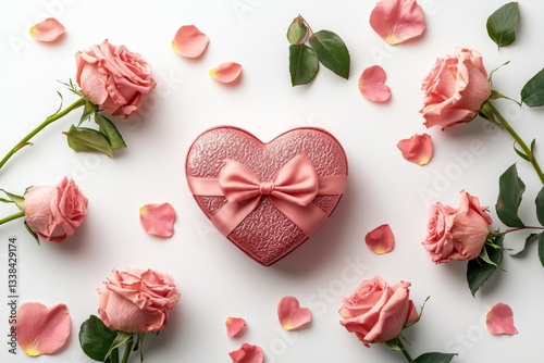 Romantic Pink Roses and Heart Shaped Gift Box on White Background Valentine s Day Concept