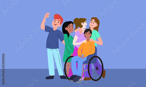 Happy friends supporting young man in wheelchair