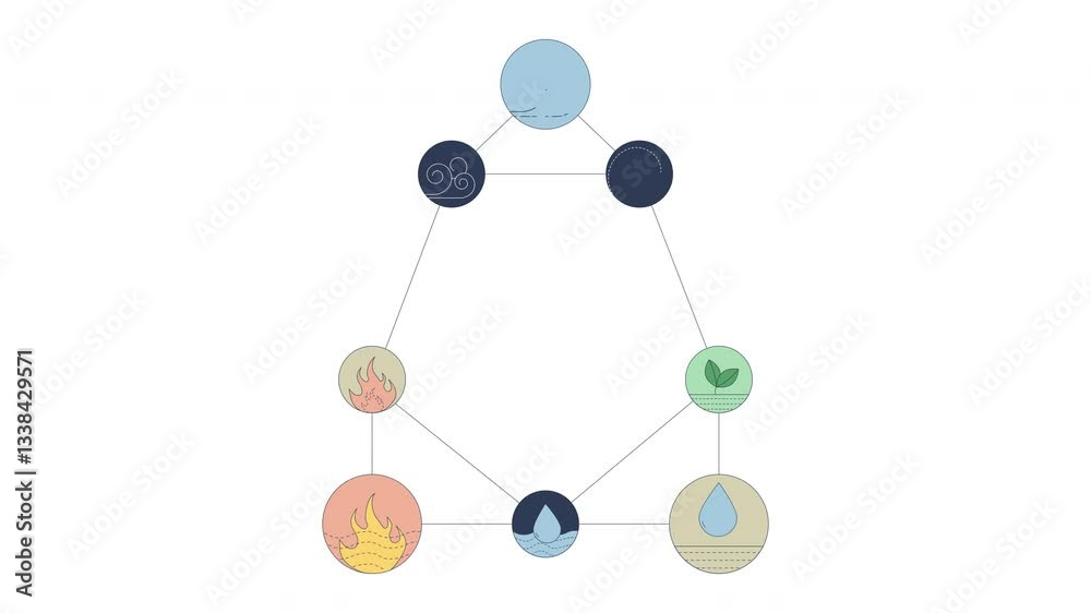 Five elements symbolic diagram 2D cartoon object animation. Geometric sacred elementals of air, fire, water, earth and spirit harmony animated flat colorful item 4K video isolated on white Five elements symbolic diagram 2D cartoon object animation. Geometric sacred elementals of air, fire, water, earth and spirit harmony animated flat colorful item 4K video isolated on white