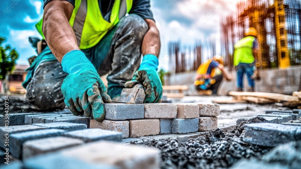 A construction worker lays bricks on a site, showcasing teamwork and safety with vibrant gear amidst a developing structure. A construction worker lays bricks on a site, showcasing teamwork and safety with vibrant gear amidst a developing structure.