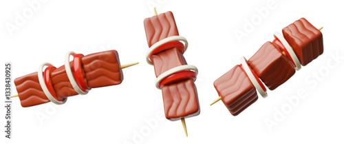 Vector 3d set of shashlik with vegetables on a skewer in different directions.