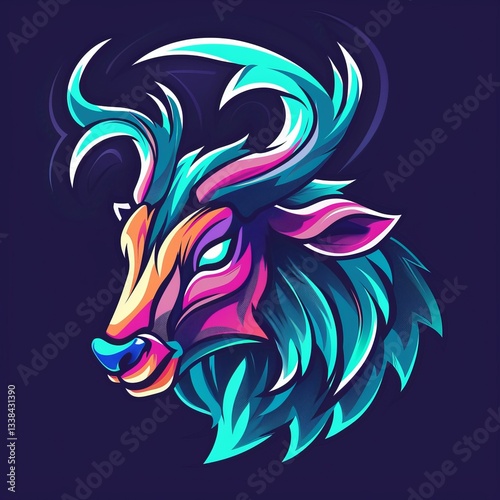 A colorful drawing of a deer with a blue and green head