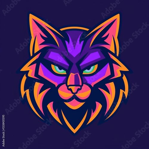 A cat with a purple and orange face is shown in a purple background