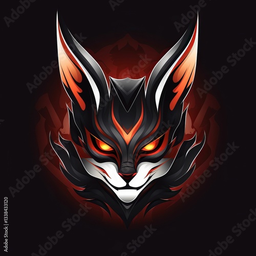 A black and orange cat face with red eyes