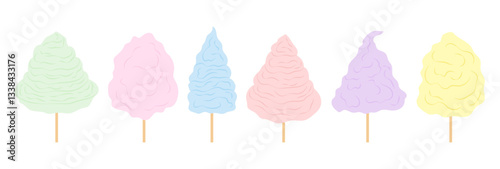 Candyfloss. Set flat illustrations in multi-coloured Cotton Candy. Sweet sugar dessert. Takeaway. Park, lunapark, cinema, circus.
