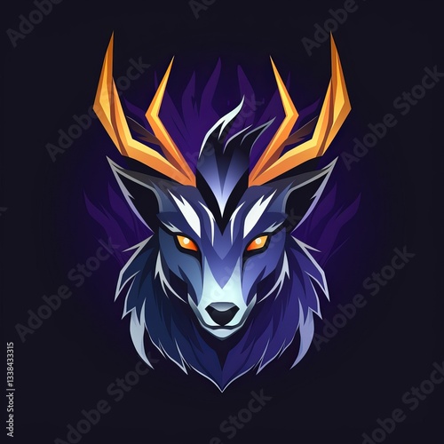 A blue and orange deer head with red eyes