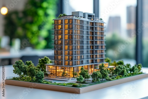 Architectural Model Modern High Rise Apartment Building with Landscaping