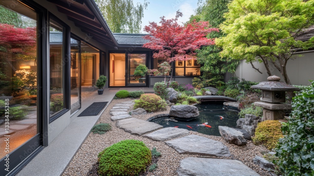 Fototapeta premium A charming Japanese garden visible from a living room, featuring a stone path, manicured shrubs, and a small bridge over a koi pond, emphasizing tranquility.