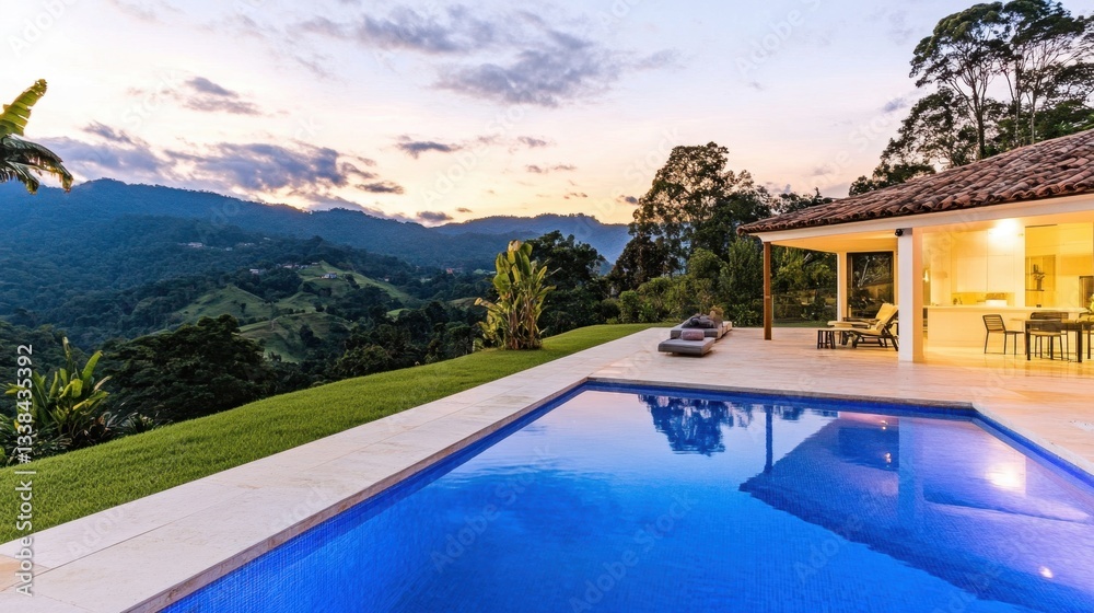 Fototapeta premium A beautifully designed glass house with an infinity pool, glowing warmly under the evening sky.