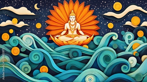 A surreal papercut composition of Lord Vishnu resting on Ananta Shesha, floating above a cosmic ocean with divine radiance surrounding him