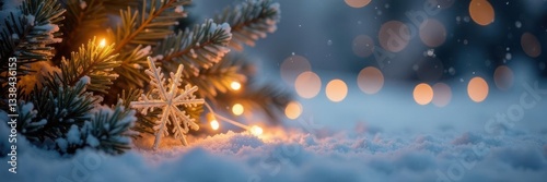Golden Christmas lights on a snowy background with big snowflakes, bokeh, festive