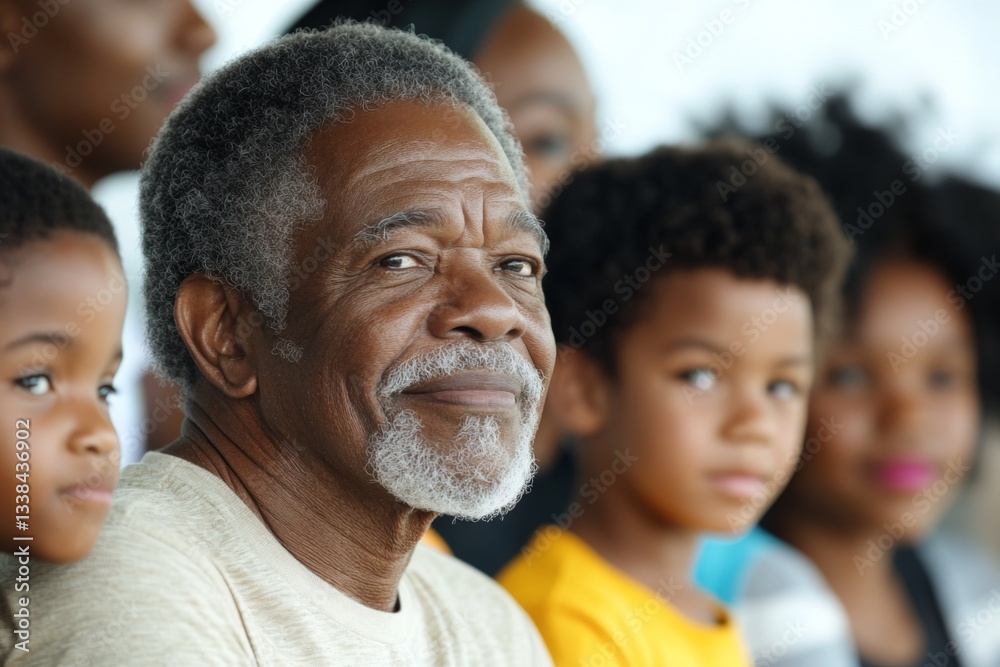 Smiling elder enjoys quality time with family during a sunny gathering at a community event Smiling elder enjoys quality time with family during a sunny gathering at a community event