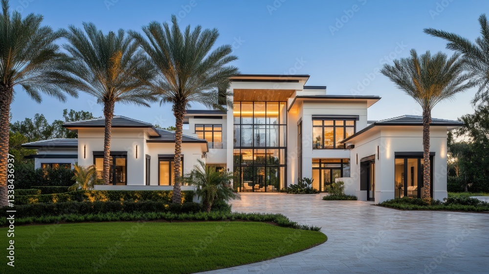 Fototapeta premium A beautiful modern home surrounded by tall palm trees, floor-to-ceiling windows, and elegant exterior lighting.