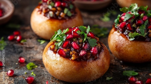 A close-up of a crispy pani puri filled with a spicy mixture, topped with pomegranate seeds and fresh herbs, showcasing the dish's vibrant colors and textures.