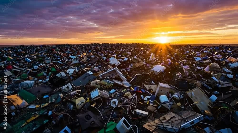 Sunset over an Electronic Wasteland: A poignant depiction of e-waste disposal at dawn