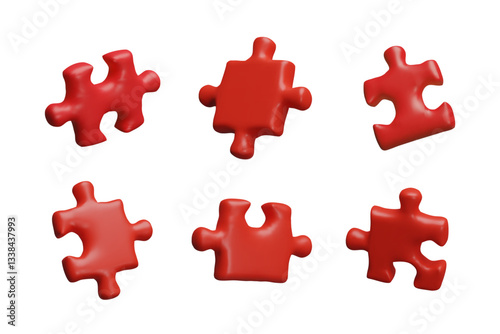 Vector 3D illustration of a set with puzzle pieces, red color on an isolated background.