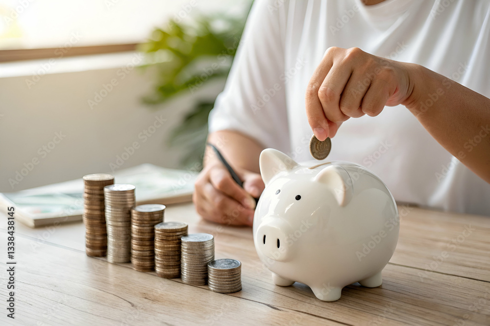 Person inserting coin into white piggy bank next to stacks of coins on wooden table, representing savings and financial planning in a bright indoor setting