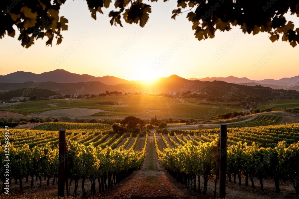Obraz premium Sunset over vast vineyard landscape showcasing rows of grapevines near mountains in serene evening light