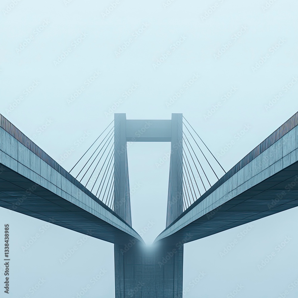 A minimalist shot of a cable-stayed bridge shrouded in fog, emphasizing its symmetrical design and architectural details. A minimalist shot of a cable-stayed bridge shrouded in fog, emphasizing its symmetrical design and architectural details.