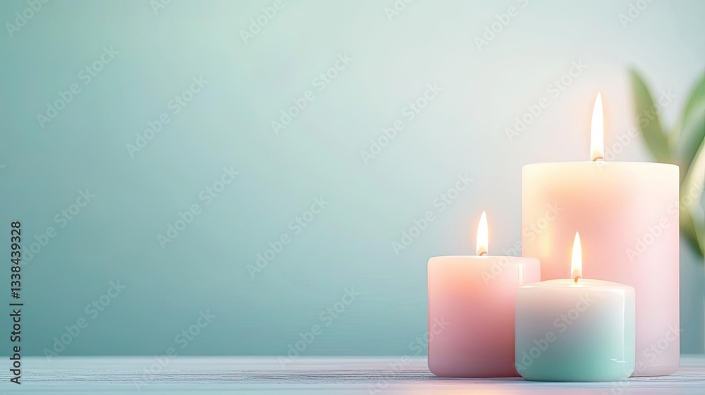 Negative space design abstract background idea. Tranquil candles in soft pastels illuminate a serene ambiance for relaxation. Negative space design abstract background idea. Tranquil candles in soft pastels illuminate a serene ambiance for relaxation.