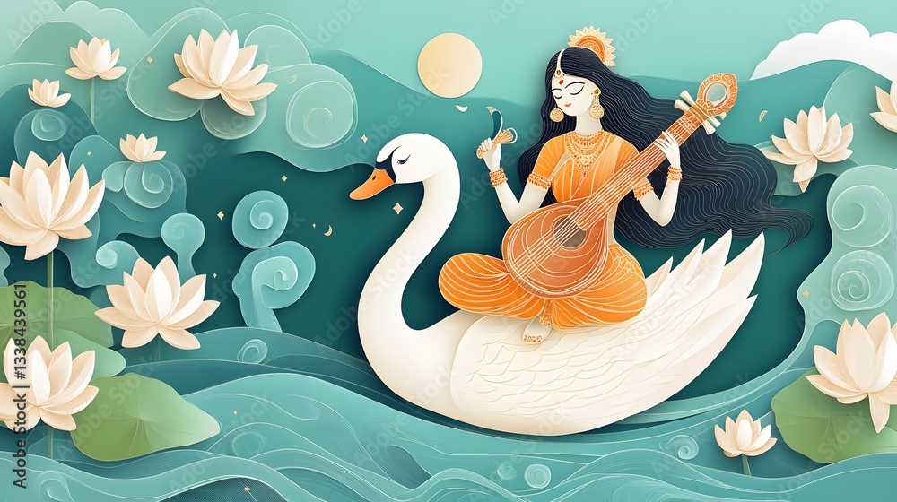 Obraz premium An ethereal papercut-style illustration of Goddess Saraswati seated on a white swan, playing the veena, with a flowing river and blooming lotus flowers