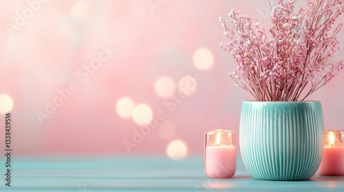 Negative space design abstract background idea. A serene arrangement of dried flowers in a pastel pot with soft candlelight glow.