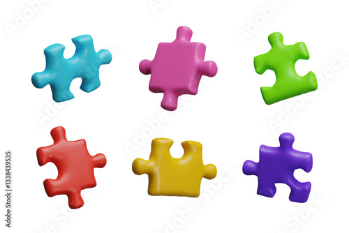 Colorful puzzle pieces 3D cartoon plastic style vector set, jigsaw details, logic game toy, choice variation connecting