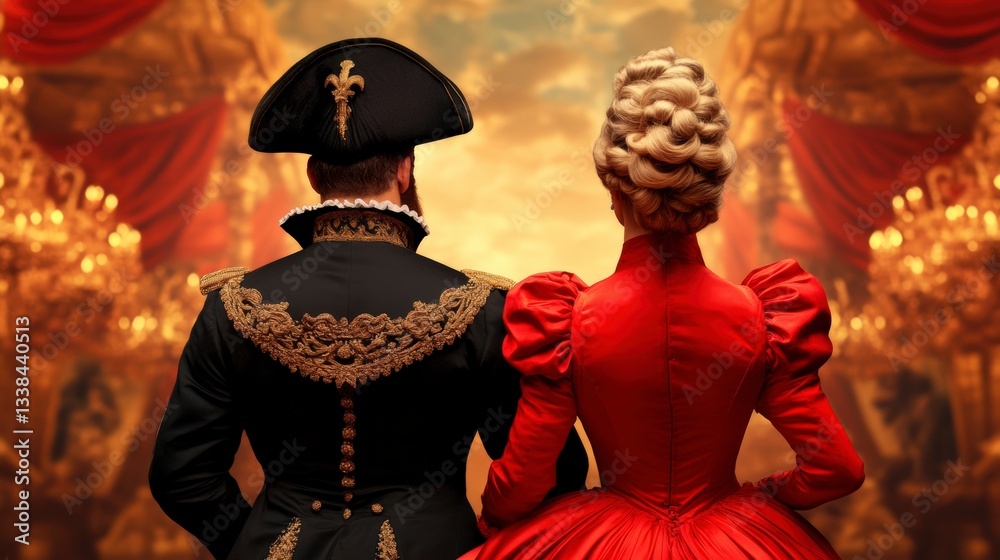 Obraz premium Elegant Couple in Historical Costumes Admiring a Grand Vintage Theater Setting at Sunset
