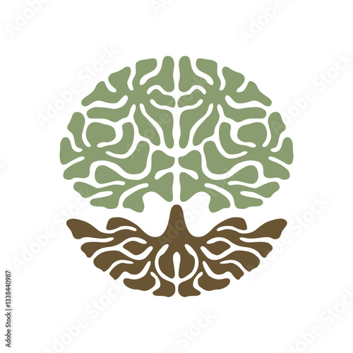 Stylized tree with intricate branches and roots forming a brain-like shape. A symbolic emblem of knowledge, nature and growth, ideal for logos and branding