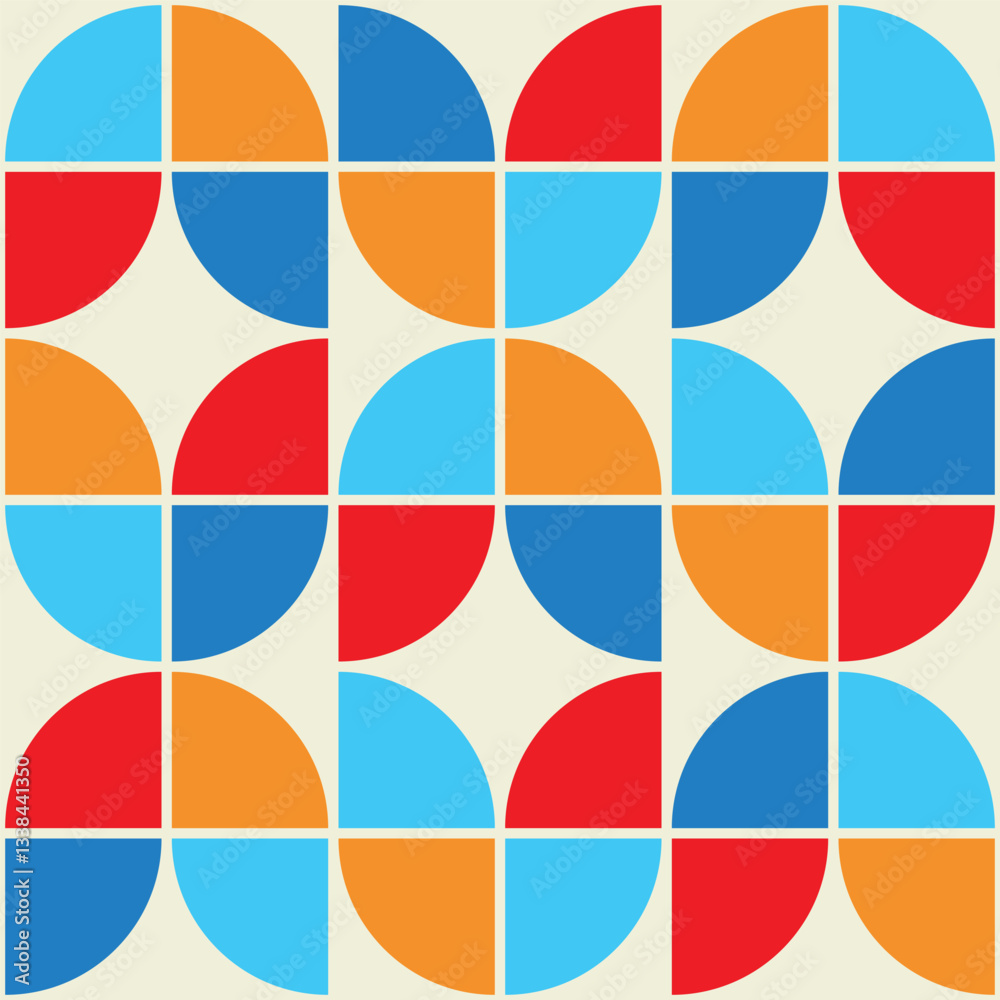 Mid Century Geometric abstract shapes seamless pattern in blue, turquoise, red and orange. For wallpaper, fabric and home décor. Mid Century Geometric abstract shapes seamless pattern in blue, turquoise, red and orange. For wallpaper, fabric and home décor.