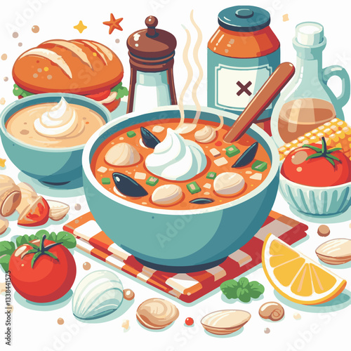 food, soup, meal, chowder, cuisine, seafood, potato, gourmet, bowl, creamy, delicious, vegetable, cream, white, lunch, dinner, fresh, fish, american, clam, dish, healthy, parsley, bread, hot, milk, co