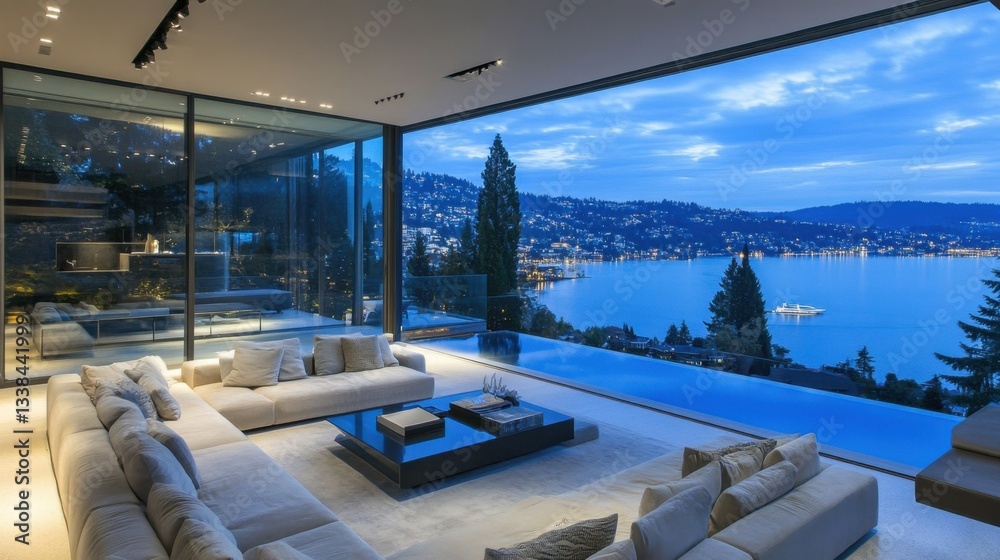 Obraz premium A breathtaking single-story modern lake house with a glass-walled living room and scenic waterfront views.