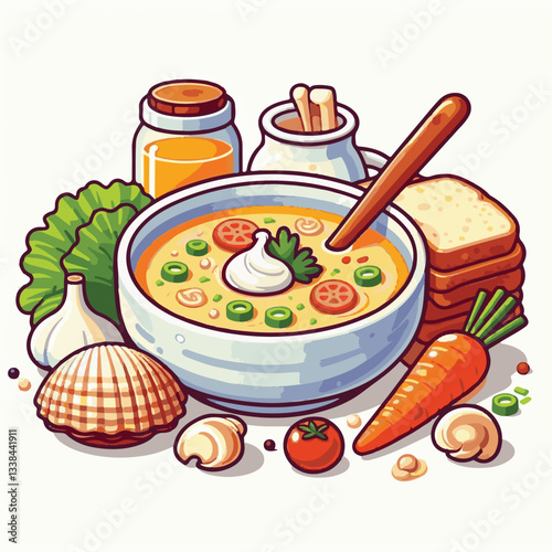 food, soup, meal, chowder, cuisine, seafood, potato, gourmet, bowl, creamy, delicious, vegetable, cream, white, lunch, dinner, fresh, fish, american, clam, dish, healthy, parsley, bread, hot, milk, co