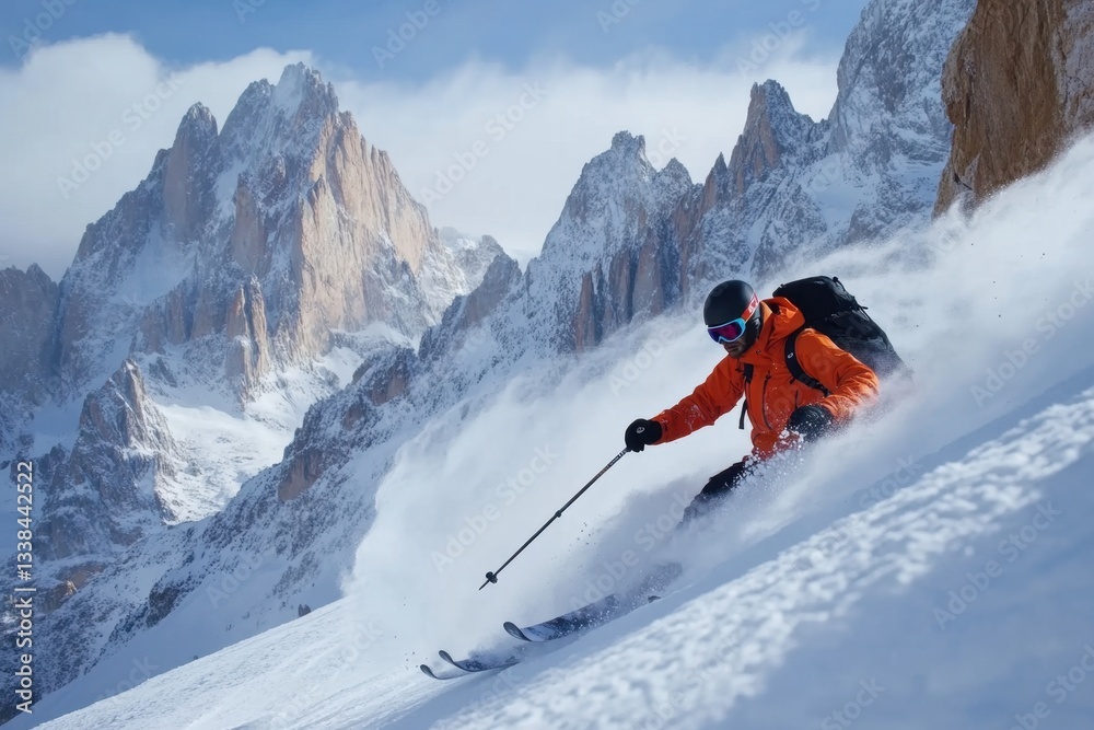 Adventurous skier carving through fresh powder on a sunny day in the majestic snow covered mountains Adventurous skier carving through fresh powder on a sunny day in the majestic snow covered mountains