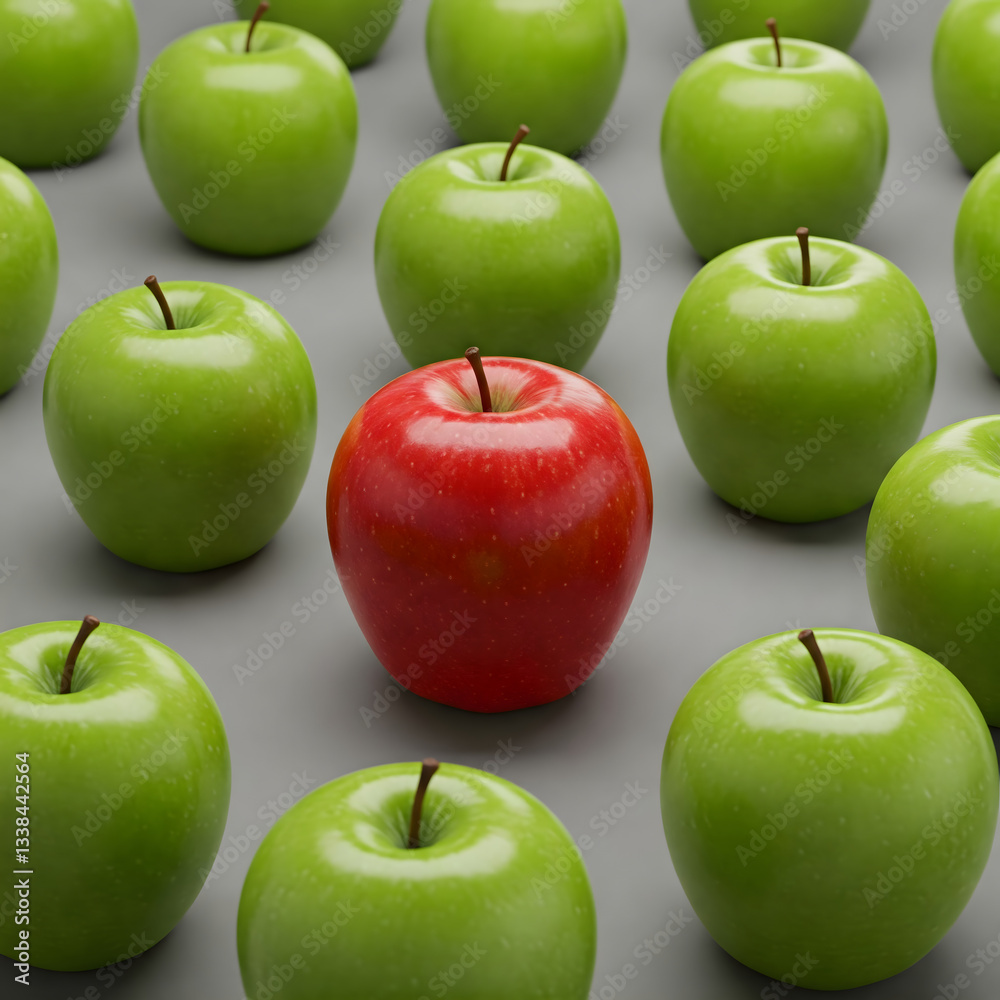 A small red apple highlighted by its different color among several green apples A small red apple highlighted by its different color among several green apples