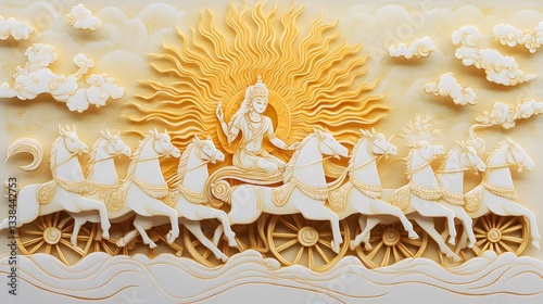 A detailed papercut artwork of Lord Surya riding a golden chariot pulled by seven horses, illuminating the sky with radiant energy
