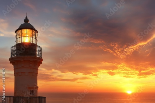 Wallpaper Mural Lighthouse stands tall against a stunning sunset over the ocean with vibrant colors filling the sky Torontodigital.ca