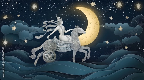 A mystical papercut depiction of Lord Chandra, the moon god, riding his silver chariot, glowing softly against a serene night sky filled with stars