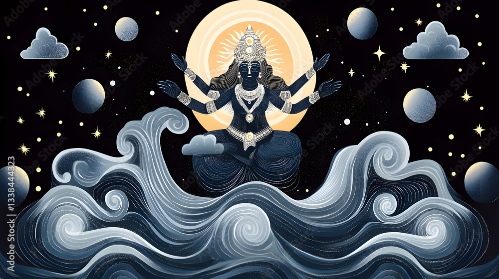 Fototapeta premium A mythological papercut concept of Lord Varaha lifting Goddess Bhudevi from the cosmic ocean, with swirling waves and celestial energy