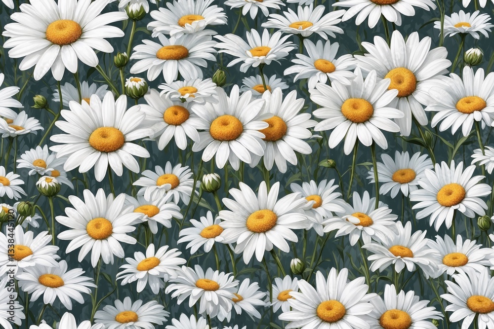 Vibrant daisy flower field pattern with white petals and yellow centers for floral design Vibrant daisy flower field pattern with white petals and yellow centers for floral design