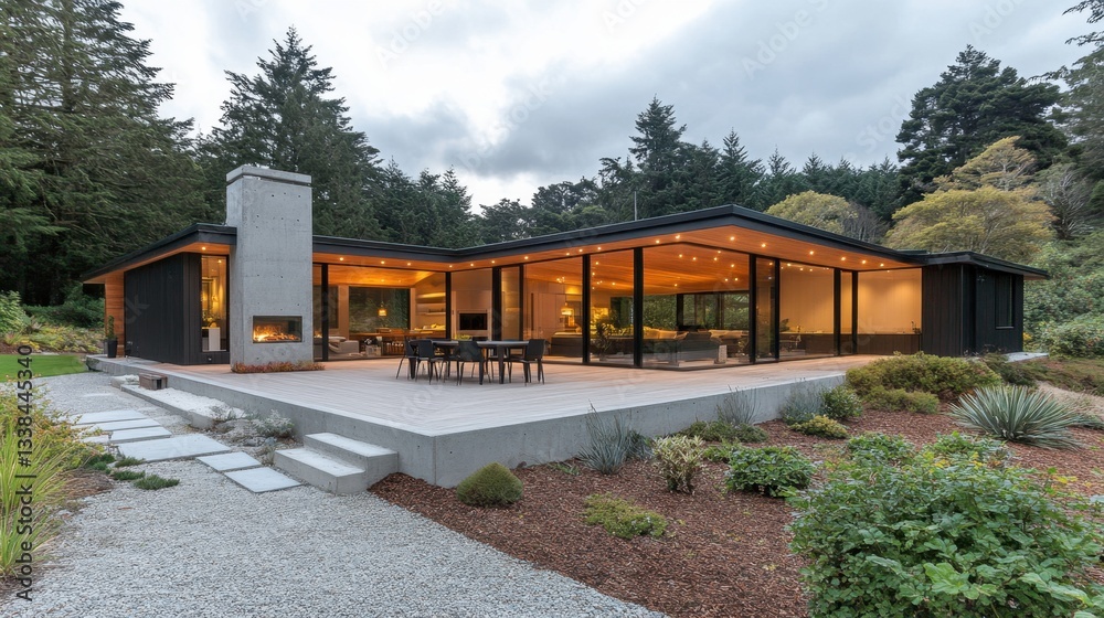 A contemporary bungalow with a blend of concrete and glass elements, spacious open-plan design, and stylish landscaping. A contemporary bungalow with a blend of concrete and glass elements, spacious open-plan design, and stylish landscaping.
