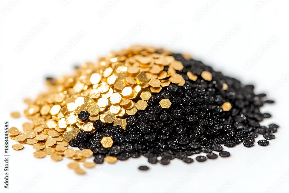 Abstract heap of dazzling gold and deep black glitter creating an appealing contrast on a white backdrop Abstract heap of dazzling gold and deep black glitter creating an appealing contrast on a white backdrop
