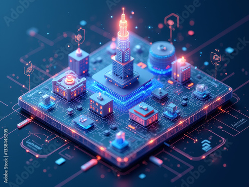 Floating microchip with a brightly lit, futuristic cityscape. Detailed symbols and glow effects creating a high-tech atmosphere