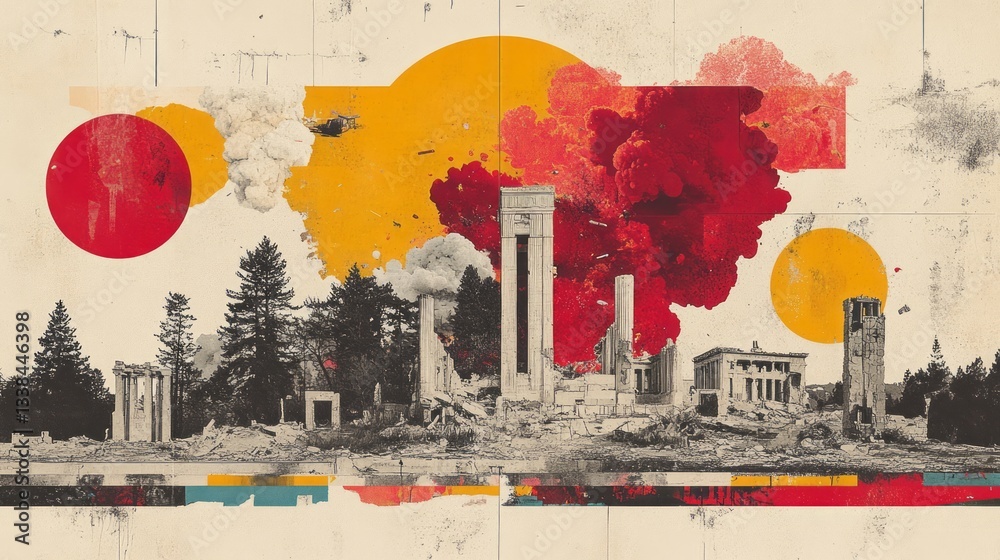 Fototapeta premium Distorted landscape featuring ruins and stylized abstract elements overlaying scene