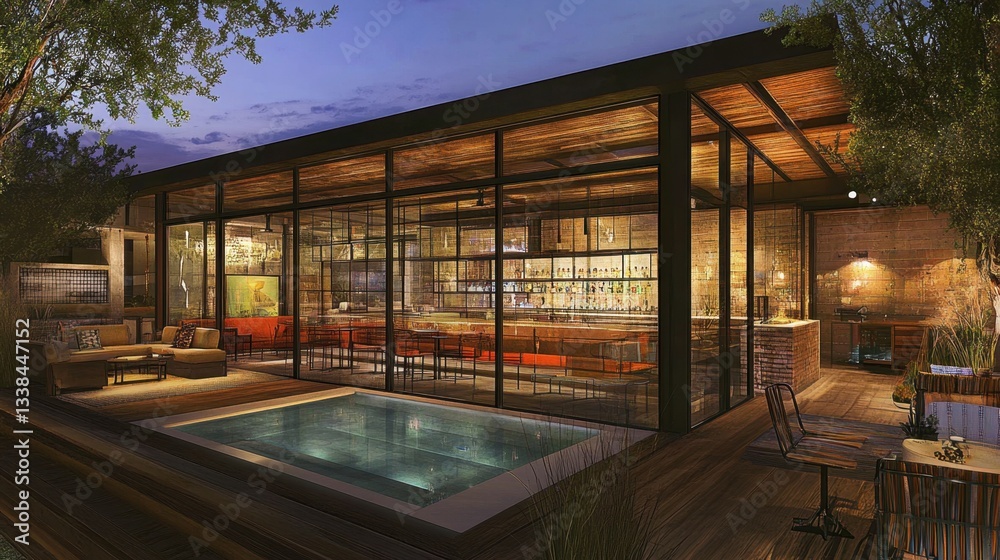 Fototapeta premium A contemporary home with a transparent glass-walled swimming pool, chic outdoor furniture, and soft night lighting.