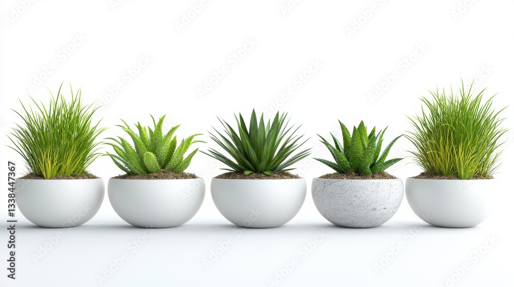 Fototapeta premium Five assorted potted plants displayed in a row against a clean white backdrop creating a serene and minimalist aesthetic ideal for modern interior decor