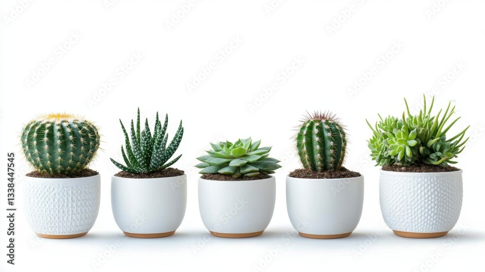 Five potted succulents and cacti arranged in a row on a white background in a studio setting featuring natural light and a clean modern style Five potted succulents and cacti arranged in a row on a white background in a studio setting featuring natural light and a clean modern style