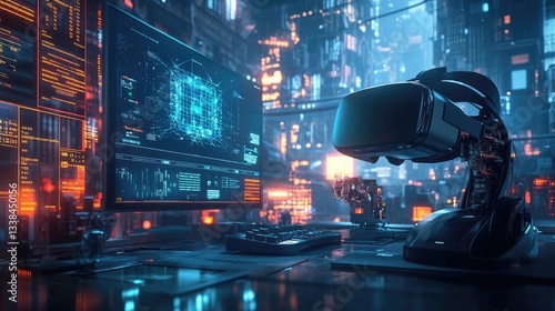 Futuristic Virtual Reality Headset on Desk in Technological Cityscape at Night. Art Piece. High Tech VR Headset in Modern Setting. Digital Illustration. Cyberpunk Style. Immersive Experience. Virtual