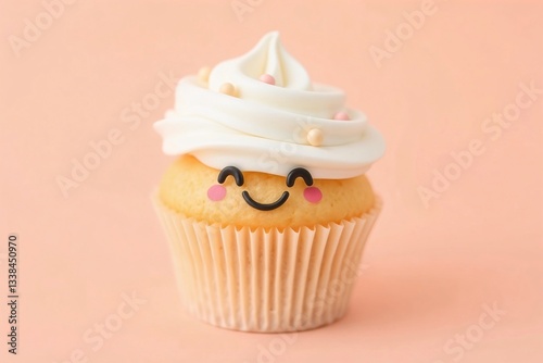 Close-up cupcake food with a cute smiling face and pastel tones.