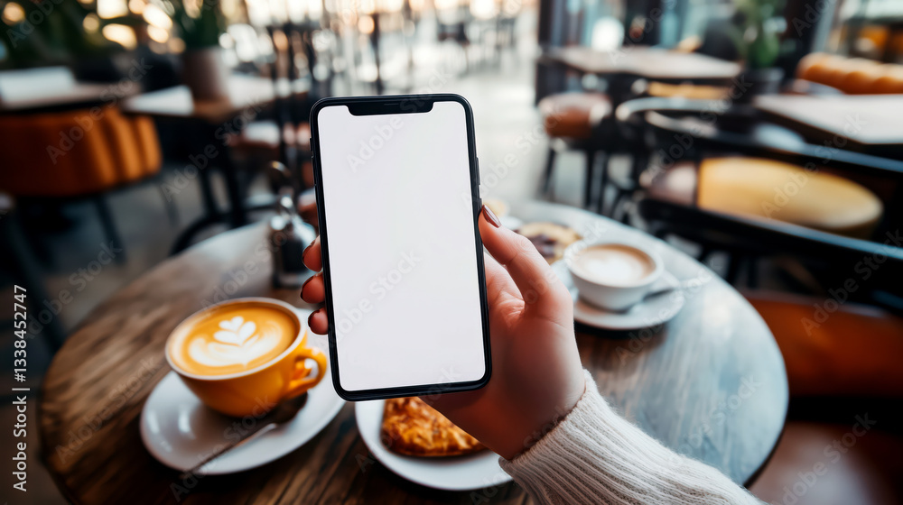 Woman holding and using mobile phone with mock up blank screen in coffee shop.